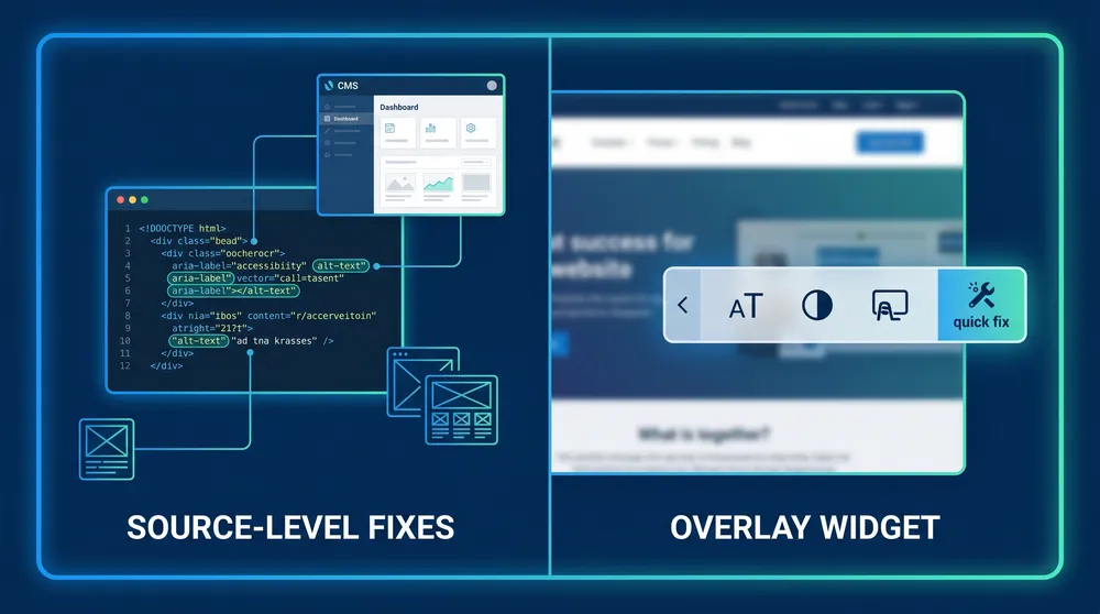 Accessibility widgets comparison showing a surface overlay beside source-level fixes in design code content and CMS workflows