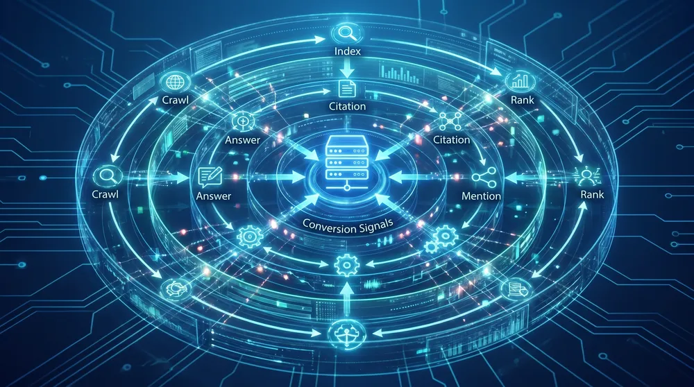 SEO AEO and GEO comparison framework showing rankings, answers, AI citations, and brand mentions as connected layers