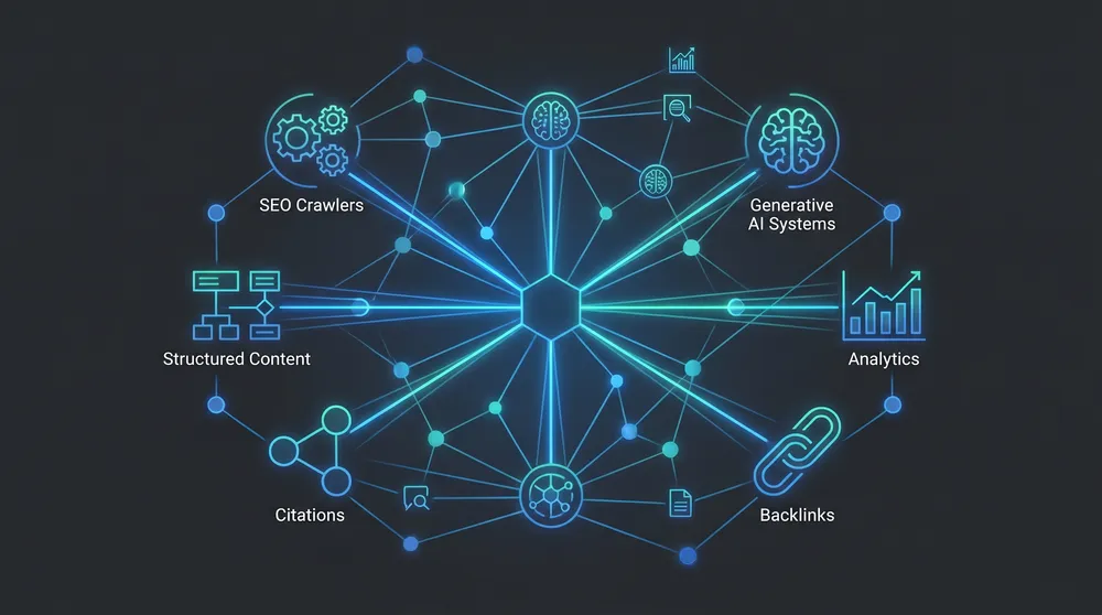 Search architecture map showing SEO crawlers, answer engines, generative engines, structured content, citations, and business outcomes