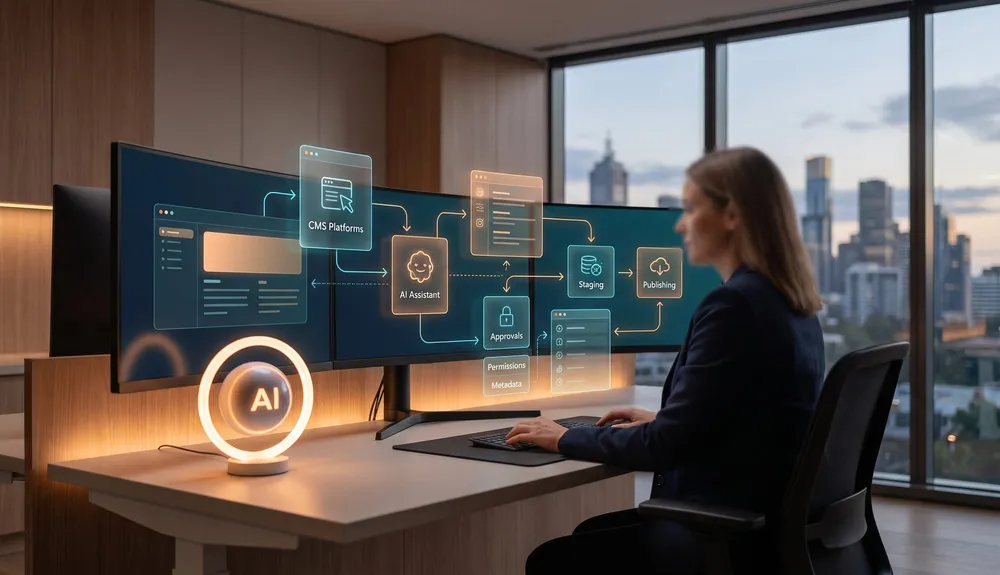 Agent-ready CMS workspace showing AI assistant access to structured content, approvals, permissions, metadata, and publishing workflows