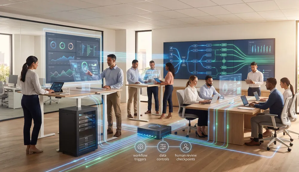 AI automation solutions architecture for an Australian business showing systems, workflow triggers, human review, data controls, and reporting