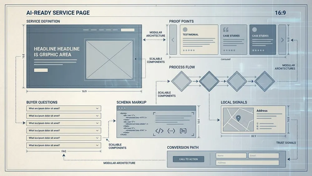 AI-ready service page blueprint showing service definition, proof, process, schema and conversion path