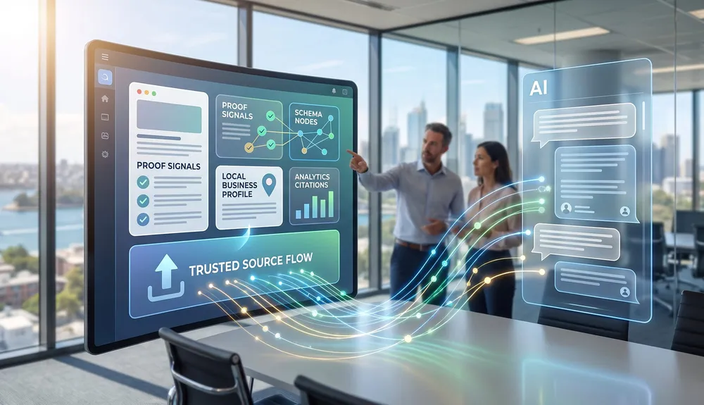 AI-ready service page dashboard showing trusted source signals for AI search tools