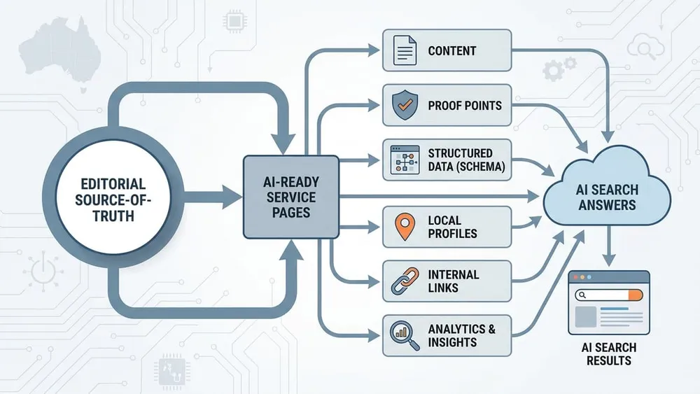 Source-of-truth model showing service page content, proof, schema, local profiles and analytics feeding AI search answers