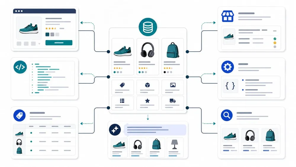 Structured ecommerce product data source publishing to product pages schema feeds APIs search indexes and AI assistants