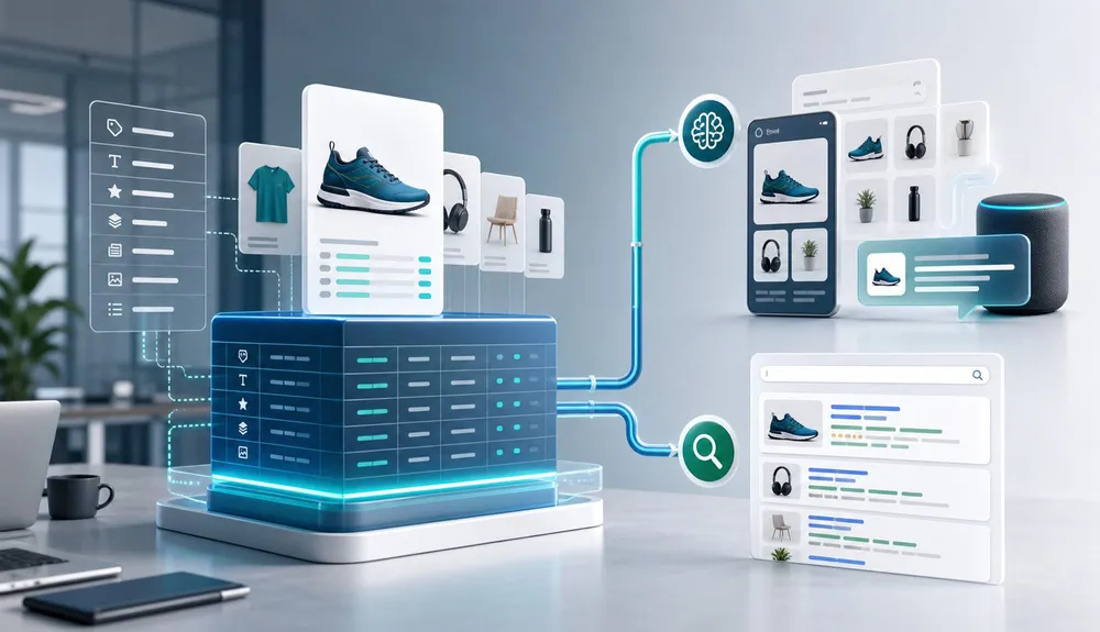 Ecommerce product catalog data flowing into AI search and organic search discovery systems