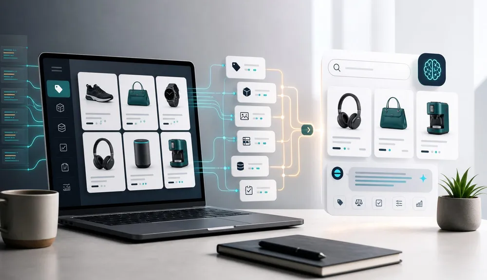 Ecommerce product catalog data flowing into AI search and organic search discovery systems