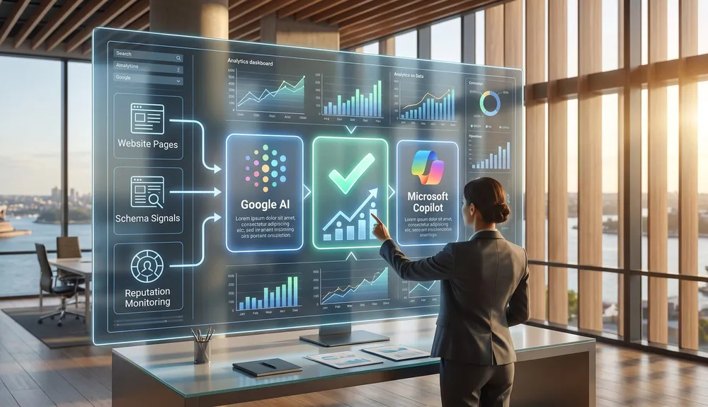 AI search reputation dashboard showing Google AI, ChatGPT and Copilot describing a business accurately