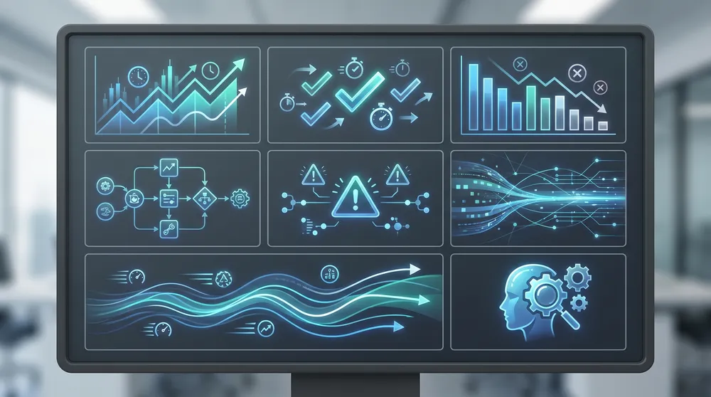 AI workflow automation ROI dashboard showing time saved, exception rate, approval speed, data quality, human review, and customer response metrics