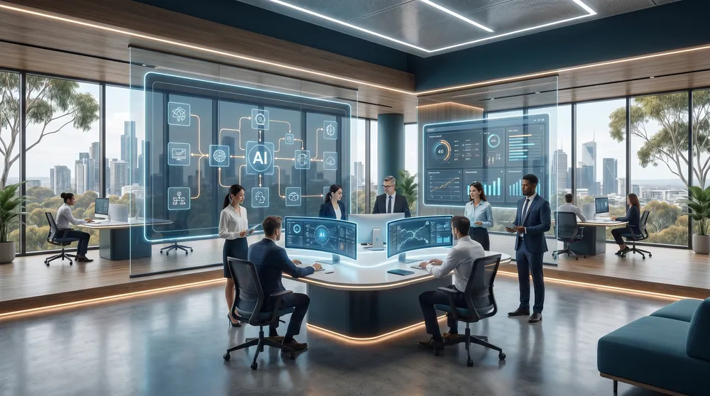 AI workflow automation for Australian SMEs showing connected business systems, documents, customer enquiries, invoices, dashboards, and human review checkpoints