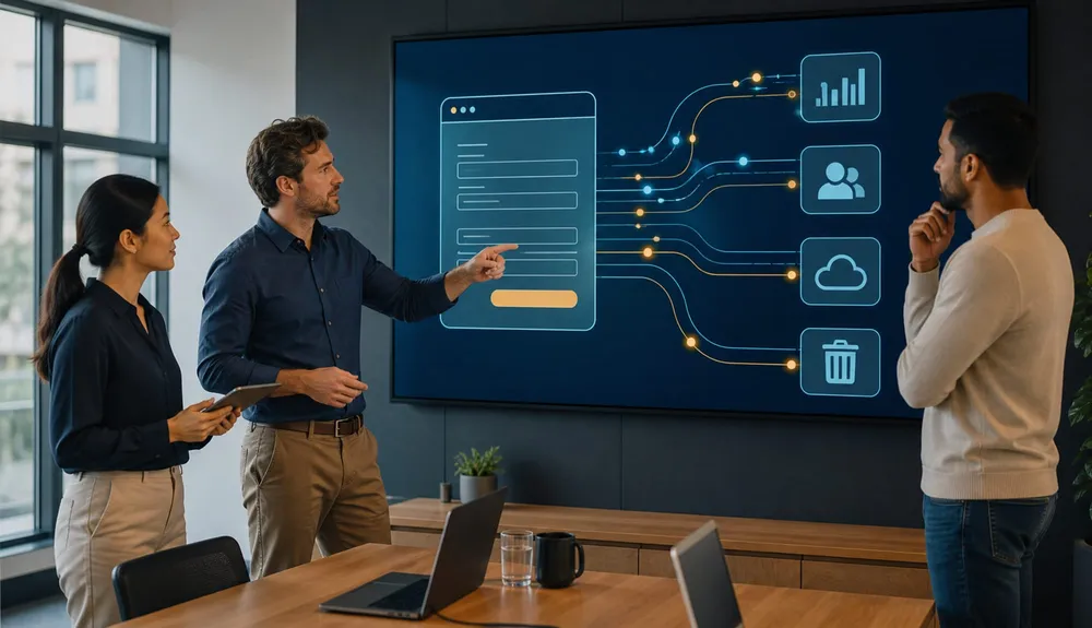 Business team mapping customer data across a website and connected systems
