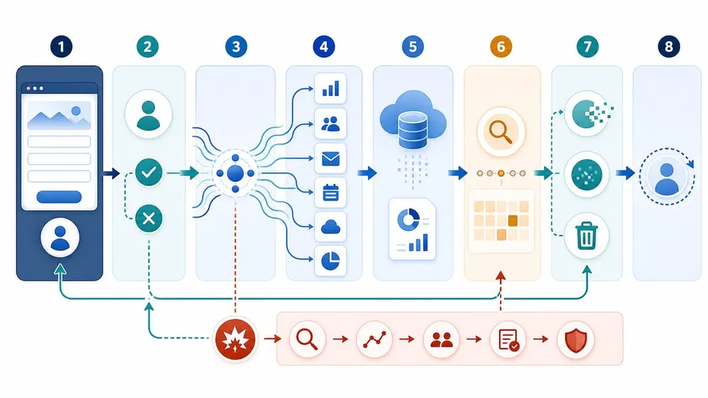 Website customer data lifecycle across forms, analytics, CRM, cloud storage and deletion