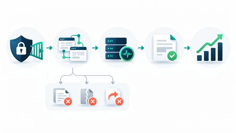 Five-stage audit from crawler policy to measured business result