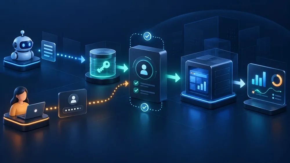 Secure request path from an automated workload through an access policy to a protected business application