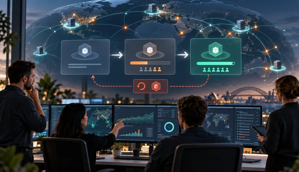 Technical team monitoring a staged cloud application deployment