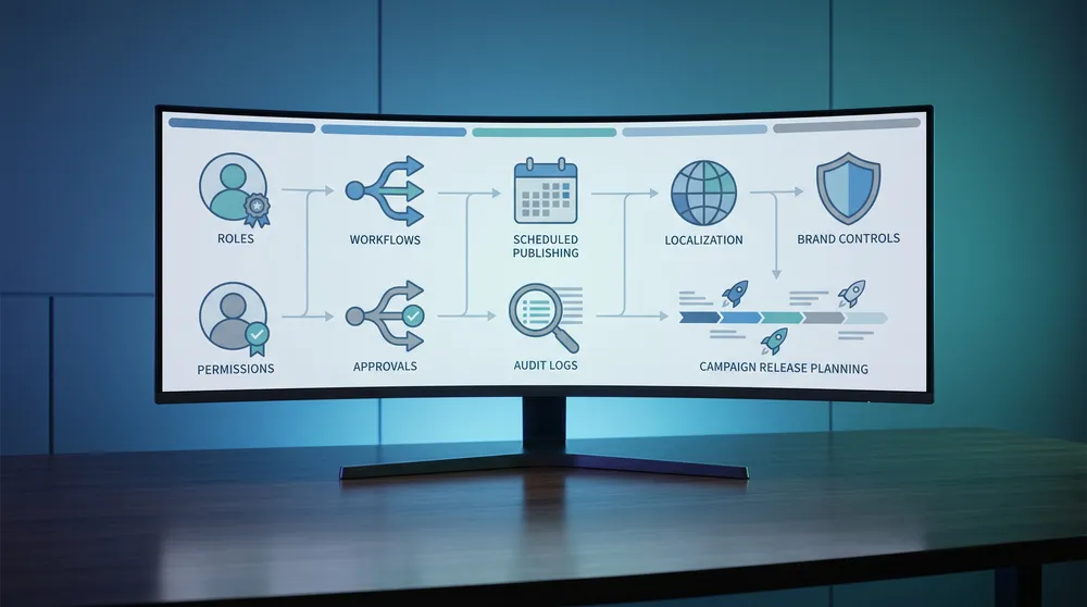 CMS governance for marketing teams showing roles workflows approvals scheduled publishing localization audit logs and brand controls in a modern content platform