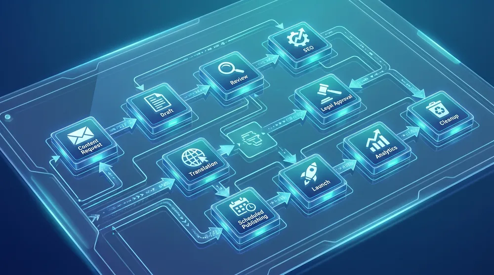 CMS governance operating model for marketing teams showing content lifecycle roles approvals localization release planning analytics and cleanup