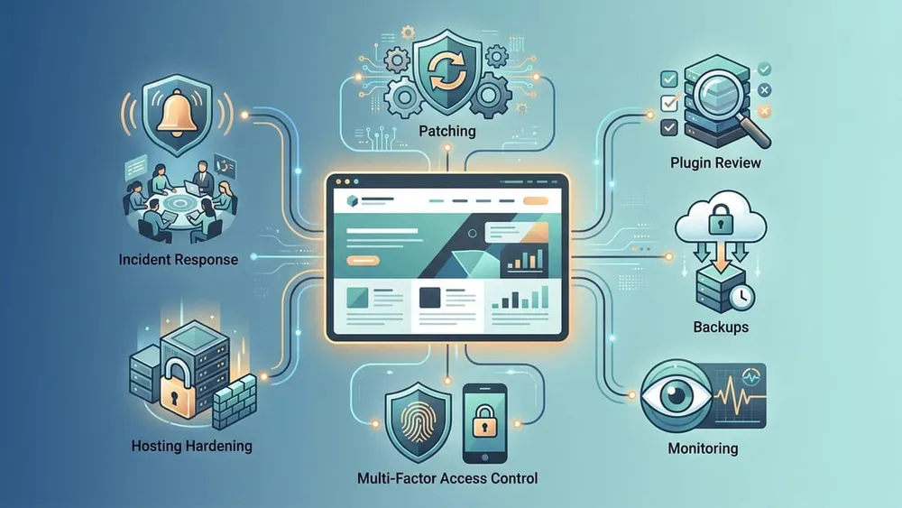 Continuous CMS maintenance model showing updates backups monitoring access control hosting and incident response