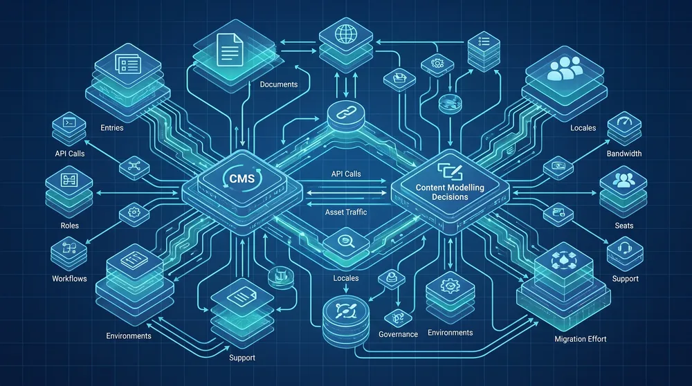 CMS cost drivers map showing content types entries locales API calls assets workflows seats environments and support connected to content modelling decisions