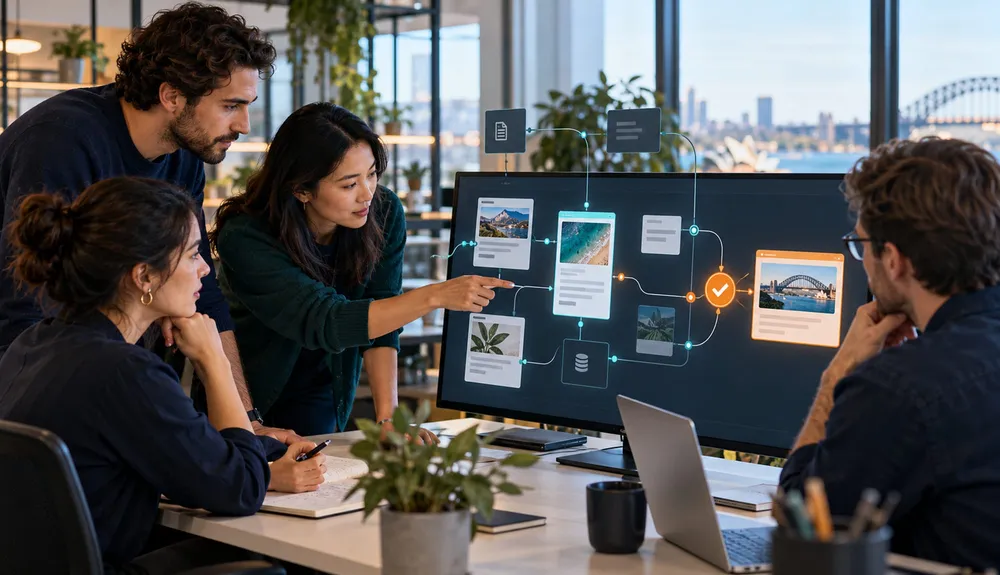 Content team reviewing an AI-assisted CMS content operation before approval