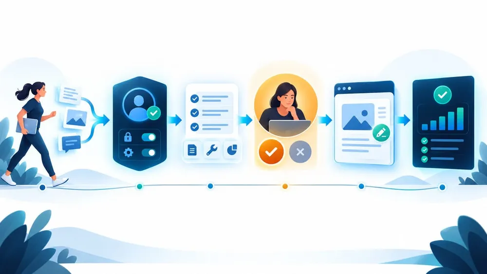 Governed on-demand agent flow from user identity through approval to a logged CMS change