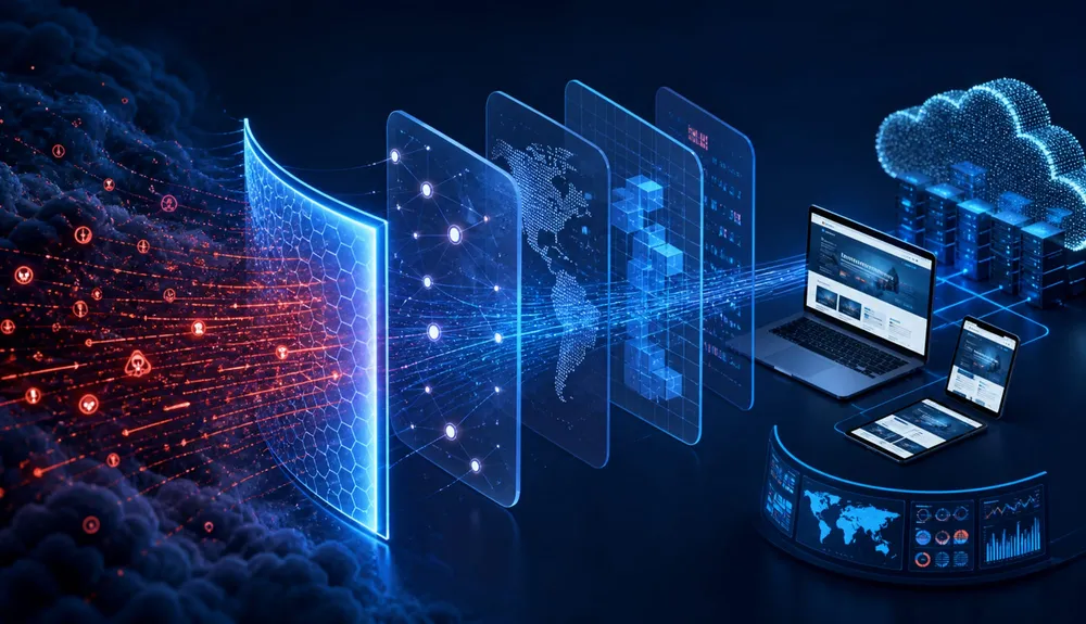 Layered DDoS protection shielding a business website at the network edge