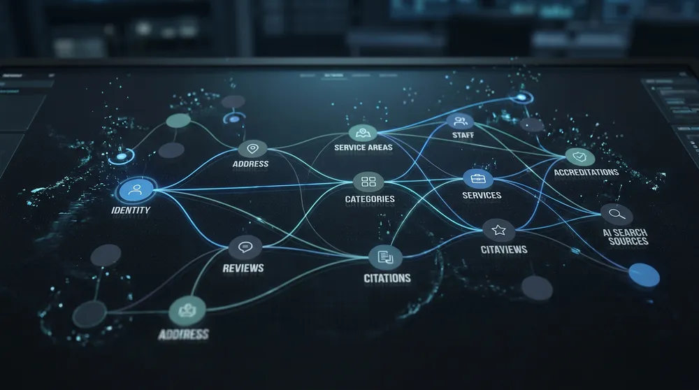 Local business knowledge graph showing business identity, locations, services, reviews, staff, citations, and AI search sources