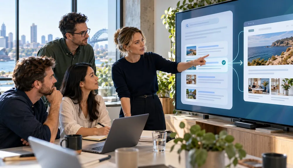 Business team reviewing source links and website visibility in AI search
