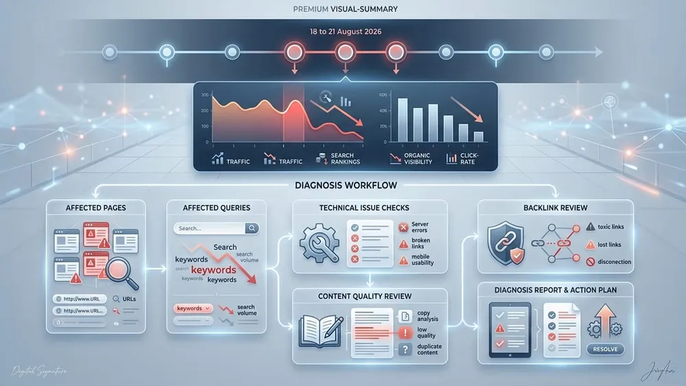 Ranking drop diagnosis workflow comparing Search Console dates, affected pages, affected queries, technical issues, content quality, and backlinks