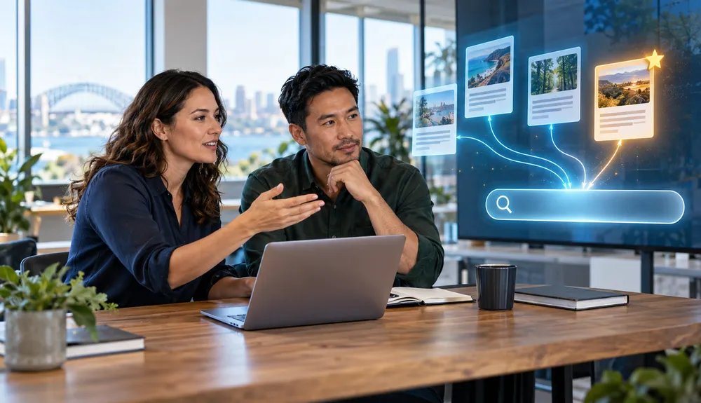 Content team reviewing trusted source visibility across AI search results