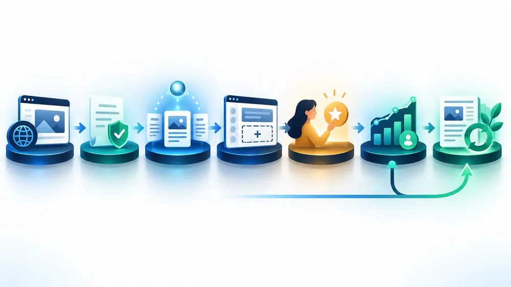 Workflow from publisher eligibility checks to measured preferred source adoption