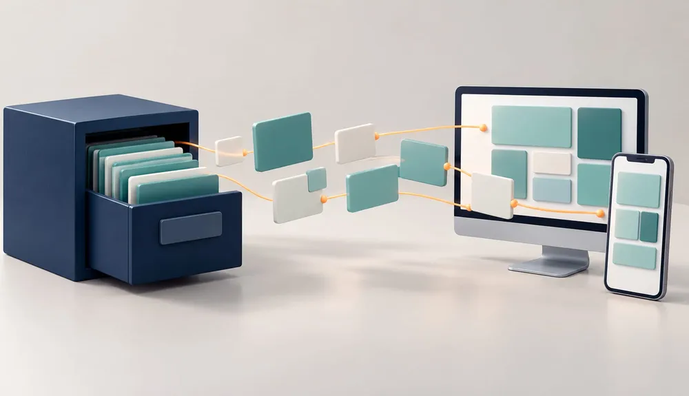 Abstract content archive becoming reusable modules delivered to desktop and mobile screens