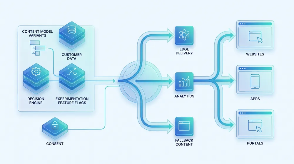 Headless CMS personalization stack showing content variants audience data decision engine frontend delivery analytics and privacy controls