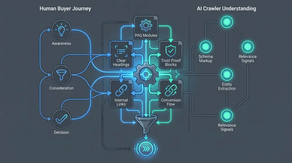 Service page content architecture showing buyer questions, proof, process, structured data, internal links, and conversion flow