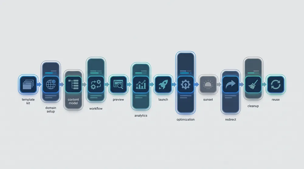 Microsite CMS rollout roadmap showing template kit domain setup content model workflow preview analytics launch sunset and reuse phases