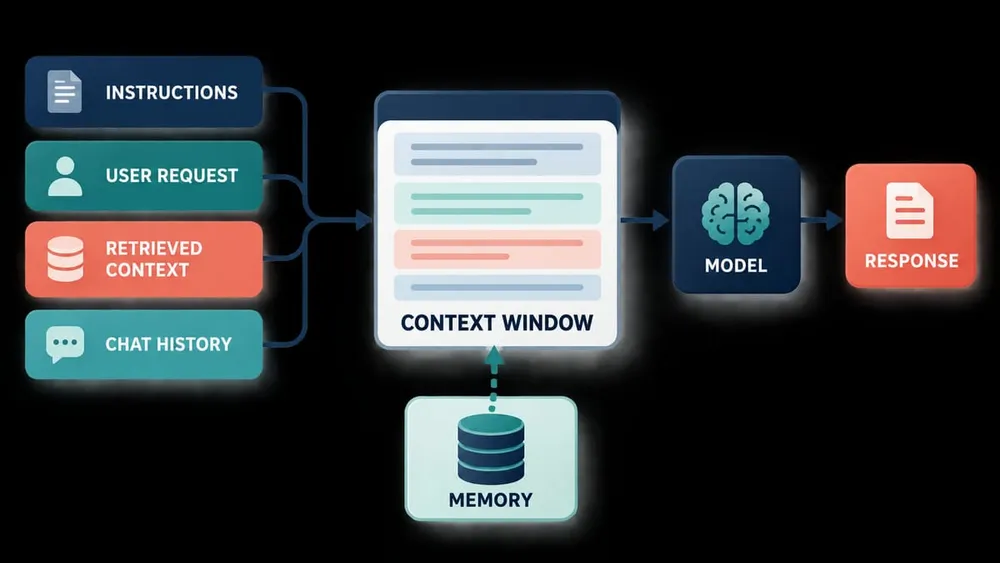 Diagram showing instructions, a user request, retrieved context and chat history entering a context window, with memory stored outside it