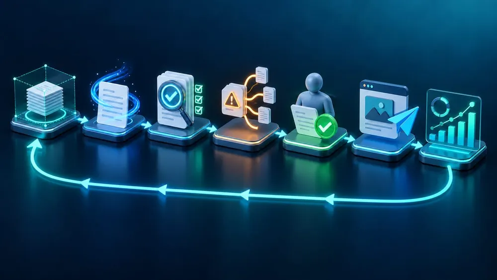 Seven-stage governance workflow for AI-assisted content in Sanity