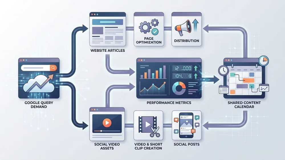 Cross channel SEO workflow connecting Google queries website articles and social video content