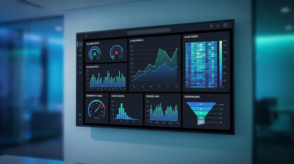 AI crawler monitoring dashboard showing bot requests, allowed crawlers, blocked crawlers, AI referrals, citations, bandwidth, and conversions