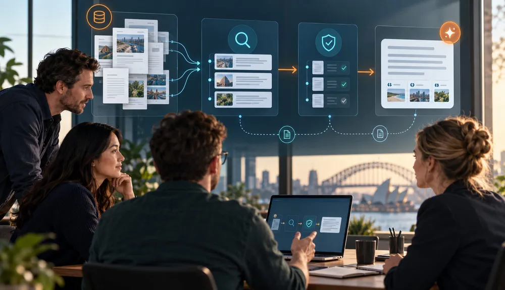 Business and technology team reviewing a grounded Sitecore AI assistant