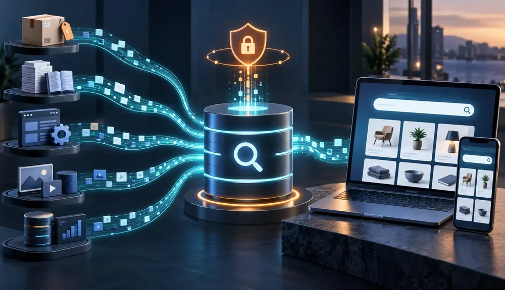 Business systems feeding governed data into a unified website search experience