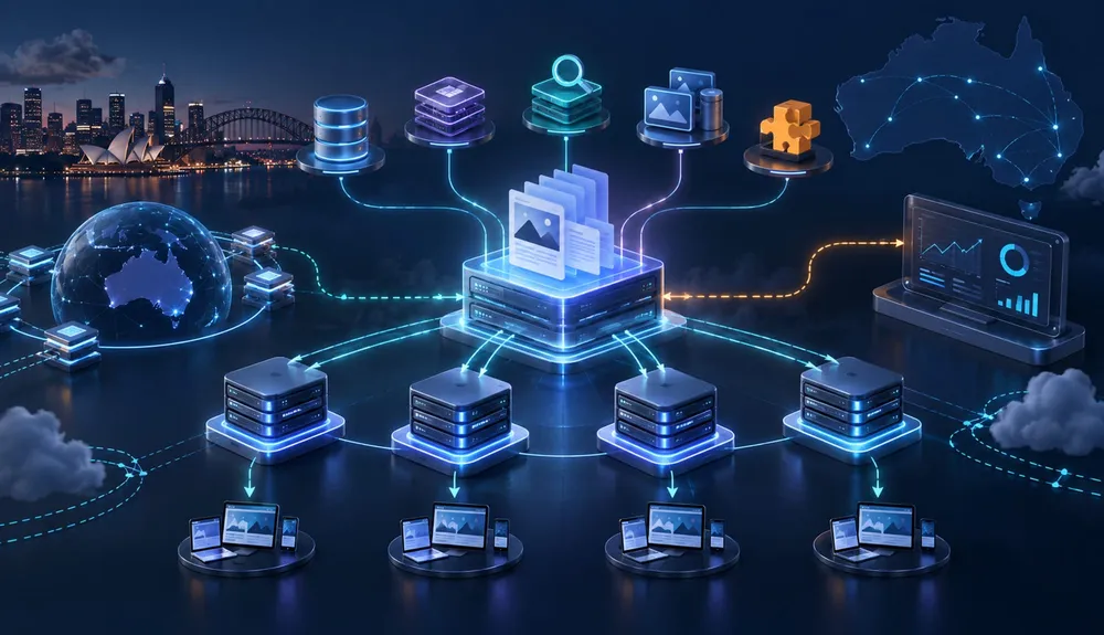 Scalable Umbraco architecture with balanced delivery nodes shared data cache media search integrations and monitoring across Australia