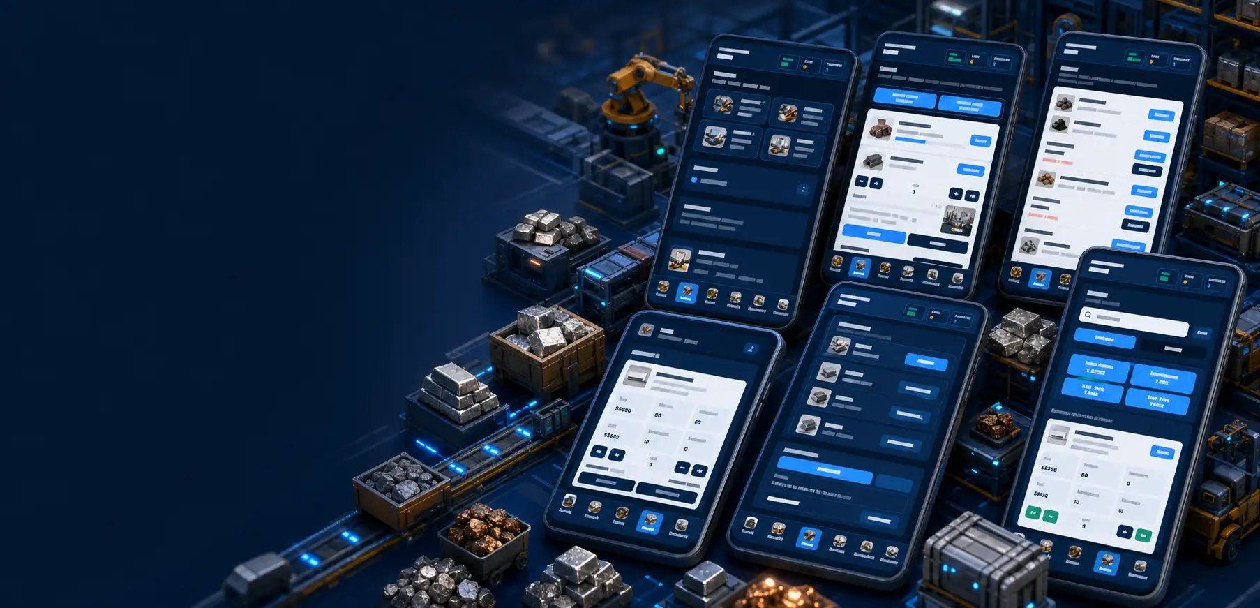 Global Factory mobile game banner inspired by the app screens, factory systems, mining, markets, warehouse, and research