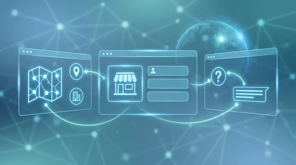Local AI search visibility concept showing consistent business information across Google Business Profile, directories and location-aware web pages