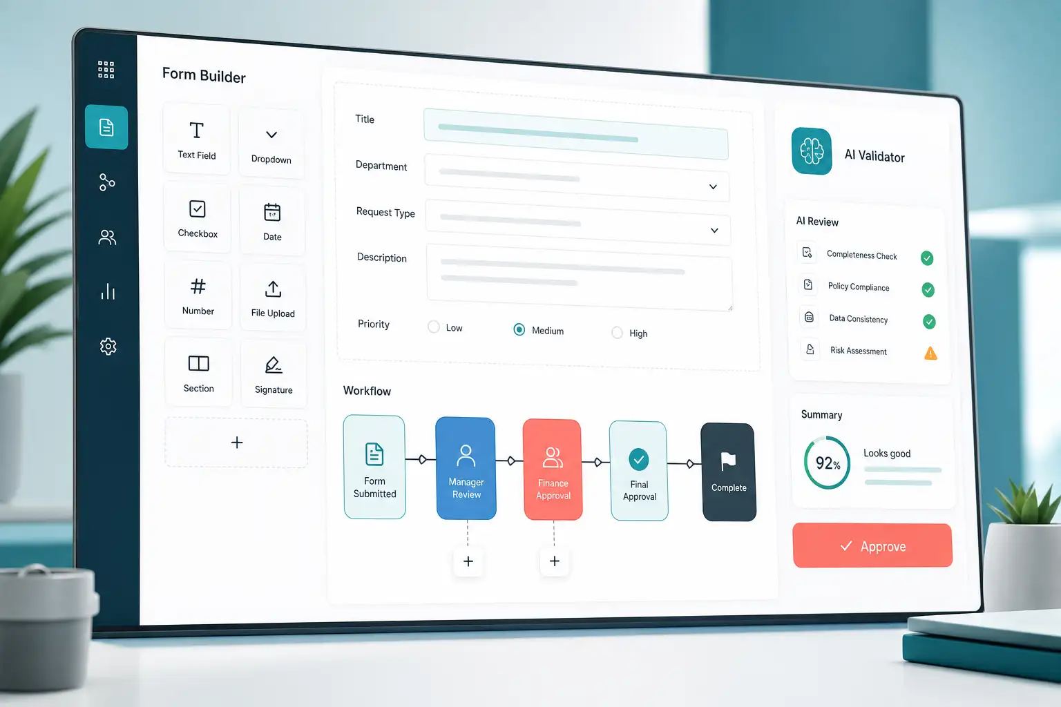Form builder interface with workflow automation and AI validator panel