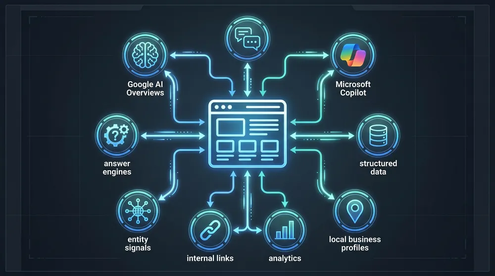 Website knowledge graph flowing into AI search, answer engines, and analytics systems