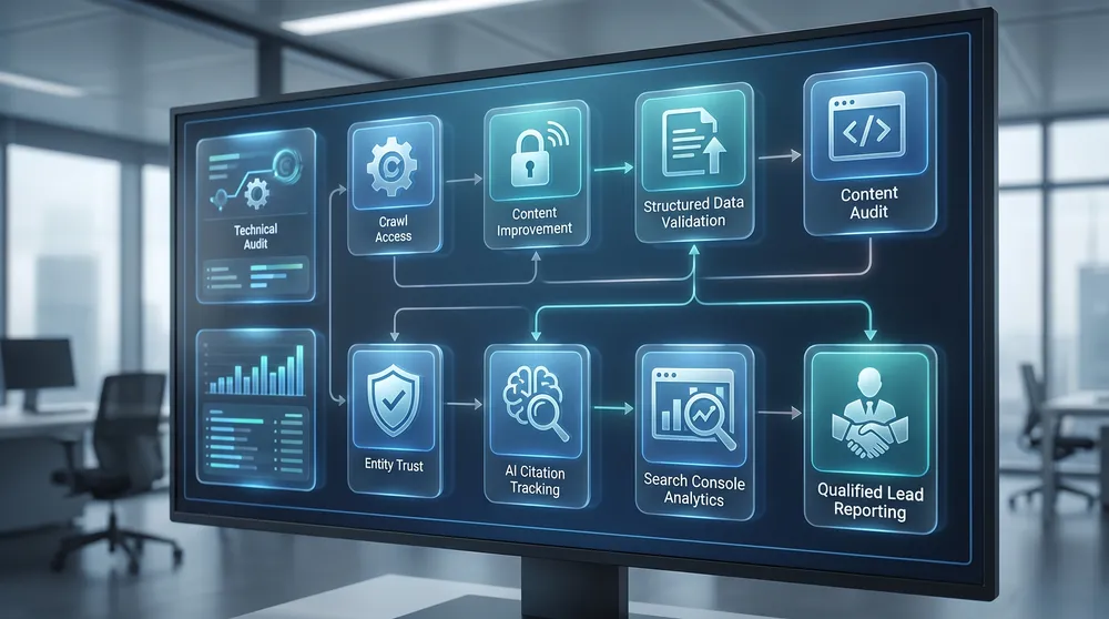 SEO, schema, AEO and GEO workflow from technical audit to content improvement and AI citation measurement