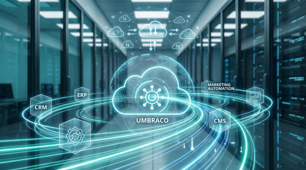 Enterprise API integration architecture connecting CRM, ERP, marketing automation and CMS platforms into Umbraco
