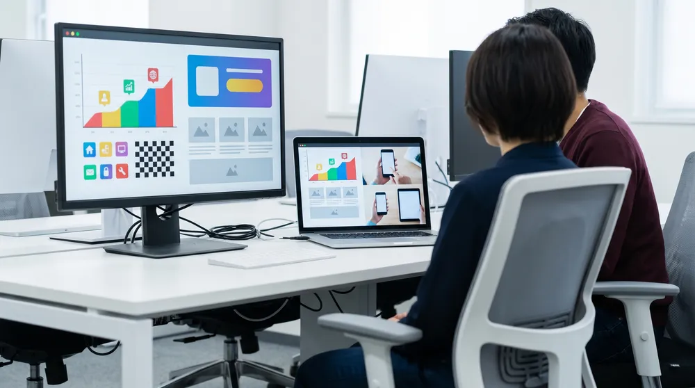 Professional accessibility and performance testing environment showing QA process across desktop, tablet, and mobile for a modern Umbraco website