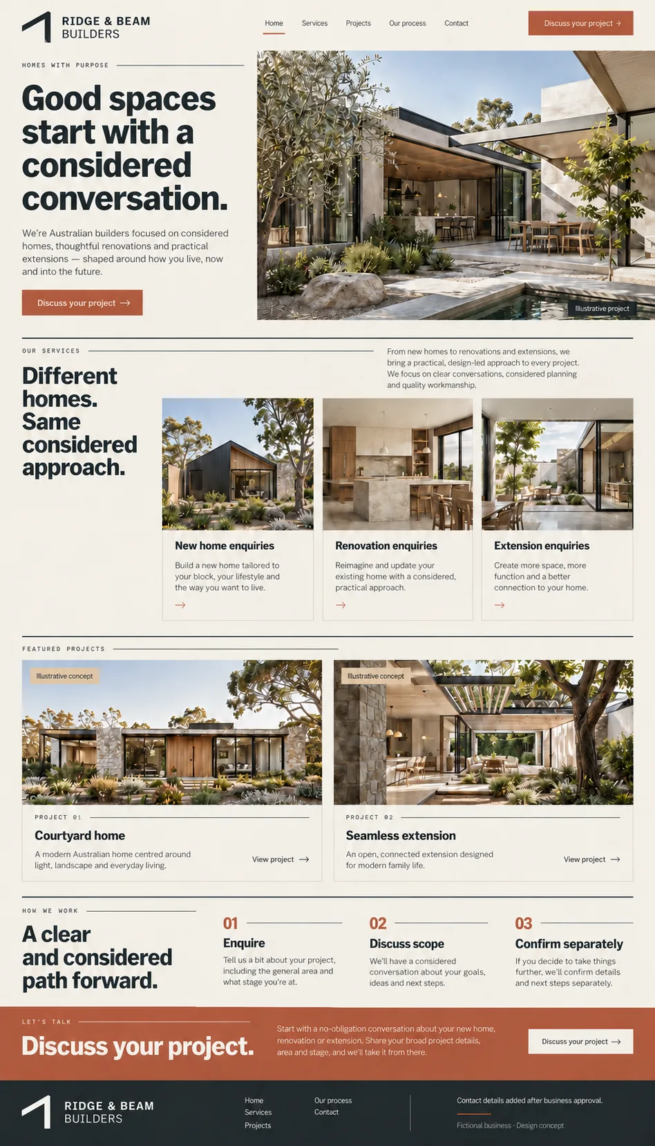 Ridge & Beam Builders home and services page design preview